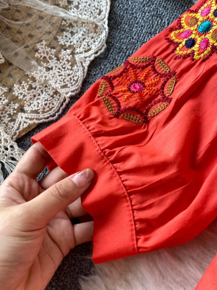 Vintage Chic Women Floral Embroidery Beach Bohemian Mini Dress Ladies Short Sleeve V-neck Cotton and Linen Boho Dresses Vestido