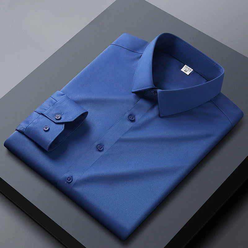 Long sleeved shirt for men's business casual orange non ironing wrinkle resistant elastic solid color men's shirt new style