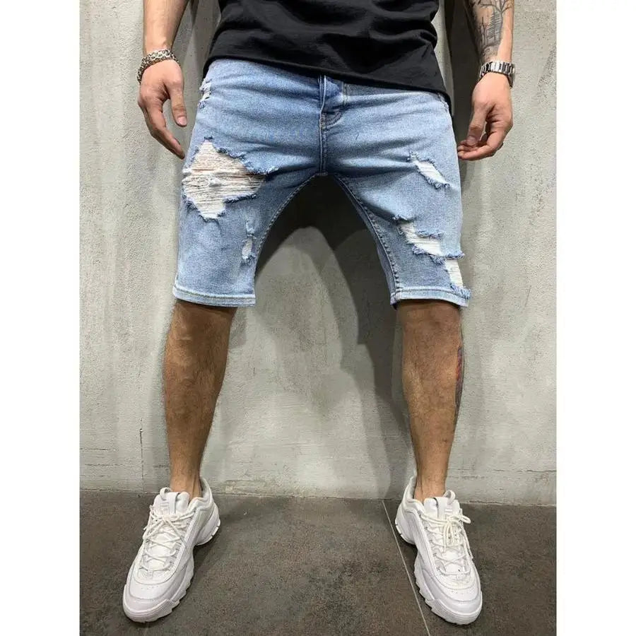 Ripped tassel denim shorts New Summer Men's Personalized Washable Perforated Denim Pants Large Casual Middle Pants