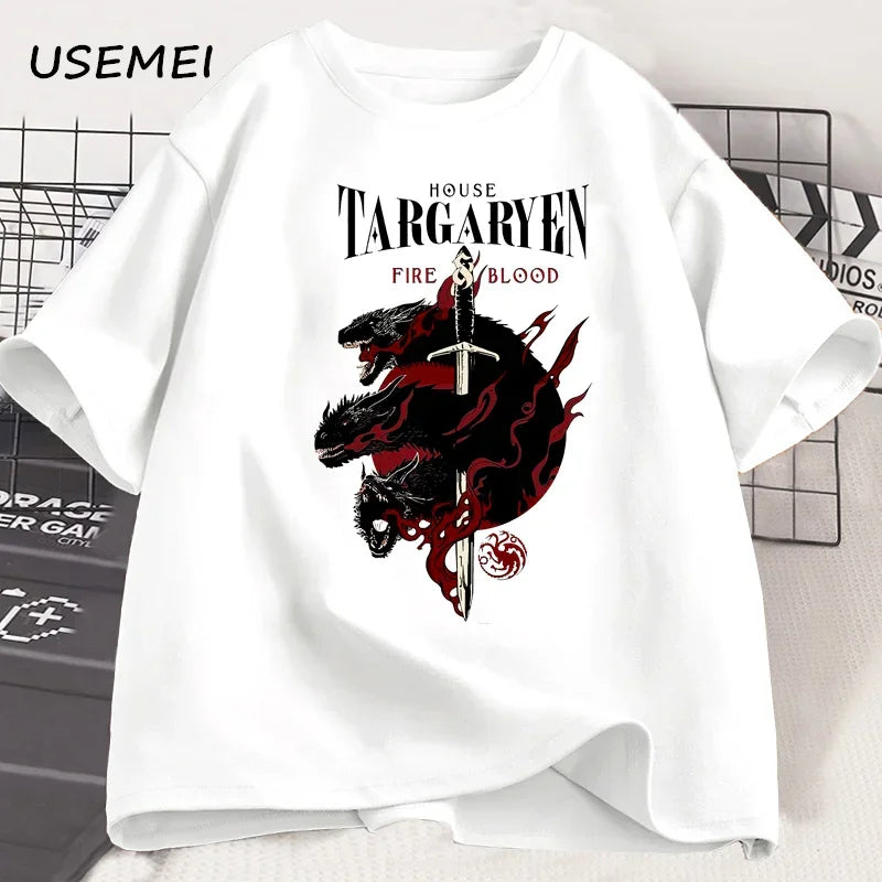 House Targaryen T Shirt Fire and Blood T-Shirt GOT Men Tshirt Cotton Fashion Short Sleeve Casual Printed Tee Shirt Streetwear