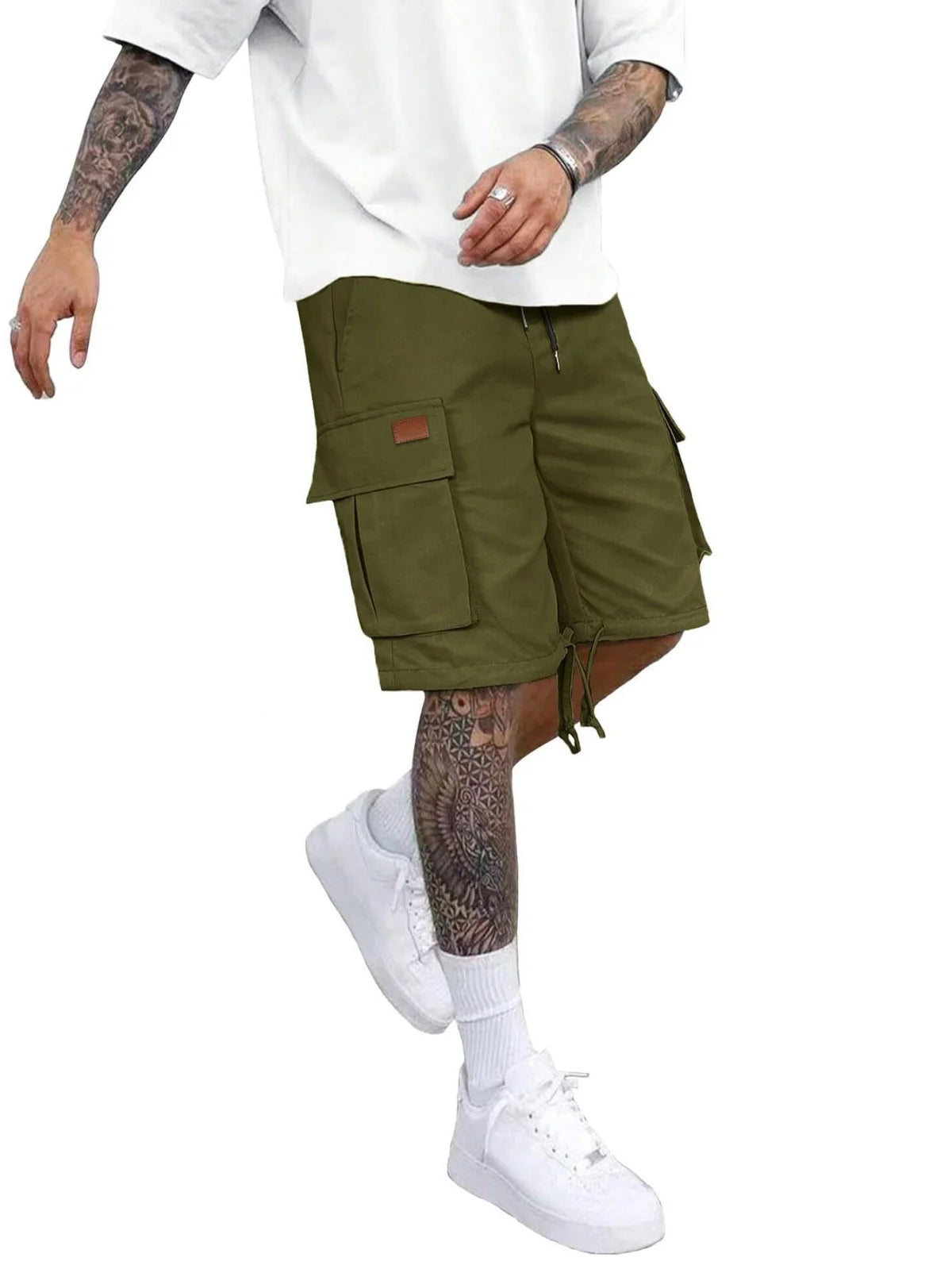 2025 Men's summer solid color casual elastic waist cargo shorts Loose multi-pocket fashion travel sports shorts
