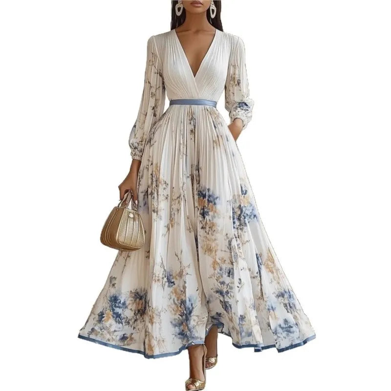 Fashion Floral Print Patchwork Bohemian Dress Woman Sexy Deep V Neck Hollow Long Dresses New Spring Puff Sleeve Loose Maxi Dress