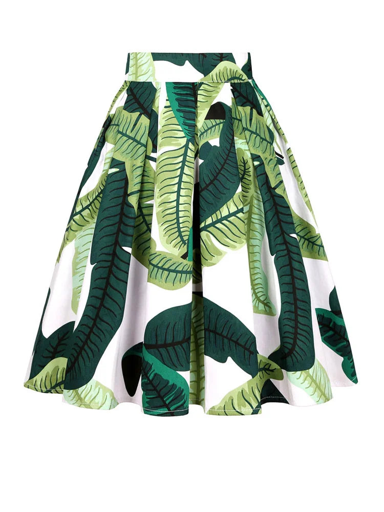 Summer French Style Women Short Vintage Pleated High Waist Floral Print Jupe Longo Elegant Ladies Office 50s Midi Tunic Skirts