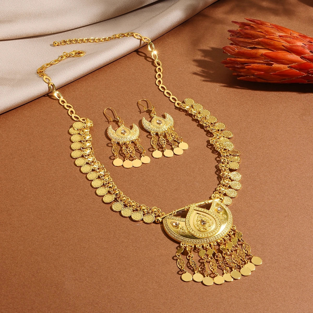 Women Arab Ethnic Golden Coins Crystal Moon Shape Necklace Earrings Wedding Jewelry Set