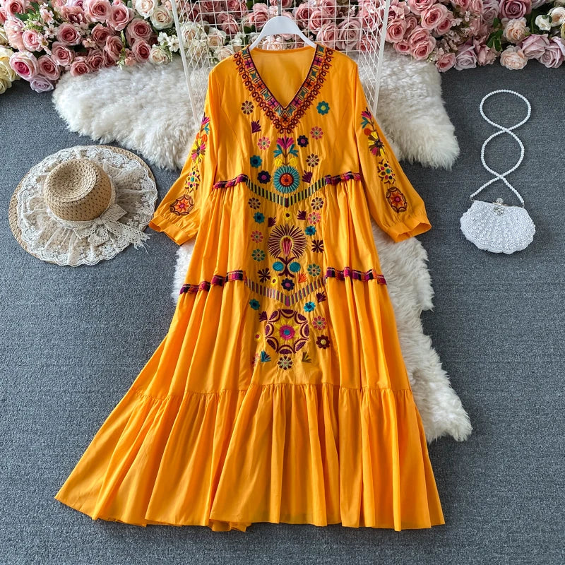 Vintage Chic Women Floral Embroidery Beach Bohemian Mini Dress Ladies Short Sleeve V-neck Cotton and Linen Boho Dresses Vestido
