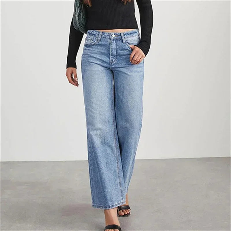 Fashion Back Pocket Broken Holes Straight Jeans Women High Waist Wide Leg Trousers Daily Comfortable Commuter Casual Denim Pants