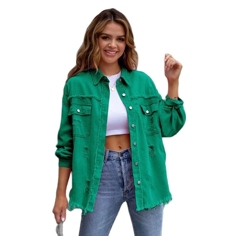 Raw-edges Denim Jacket Women Spring Autumn Shirt Style Jeans coat Casual Top Rose-Red Orange Purple Outerwear Lady Coat