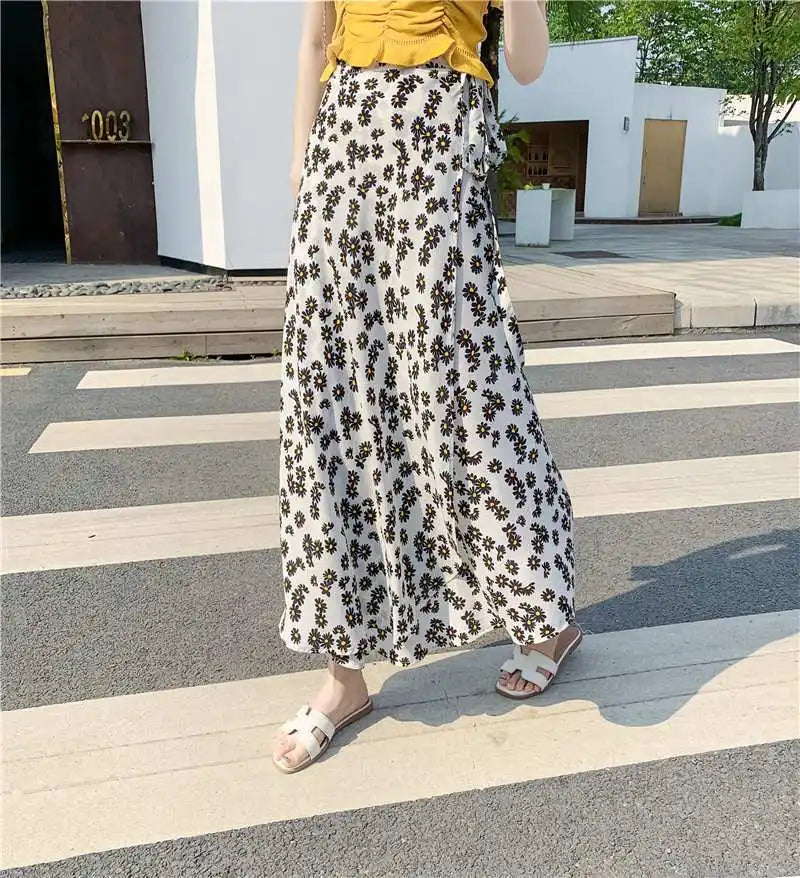 High Waist Long Skirt Wrap Dress Asymmetrical Hem Chiffon Floral Print Belted Midi Skirt for Short Women Summer Dress