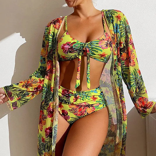 Size S-3XL Bikini Three Pieces Floral Printed Swimsuit Women Bikini Set With Mesh Long-Sleeved Blouse,Bra Top with Pad Swimwear