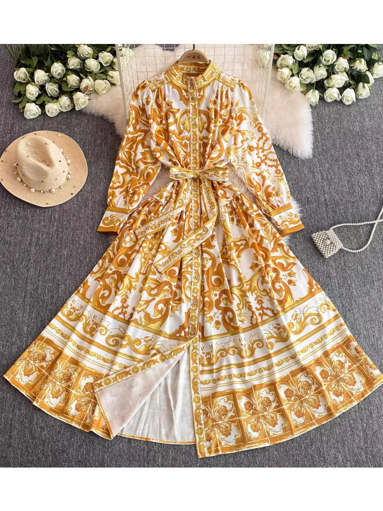 Runway Red Blue And White Porcelain Print Holiday Maxi Dress Women's Stand Single Breasted Loose Lace Up Belt Long Robe Vestido
