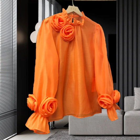 Spring 2024 French Style Shirt Women Three-dimensional Flowers Patchwork Colored Blouse Solid Long Sleeve Women Top 42927