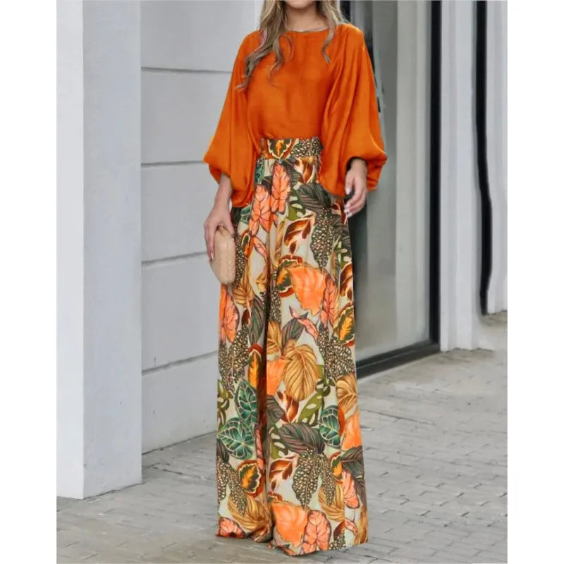 Women's Clothing Set Lantern Sleeves Loose Top Printed Wide Leg Pants Two Piece Set
