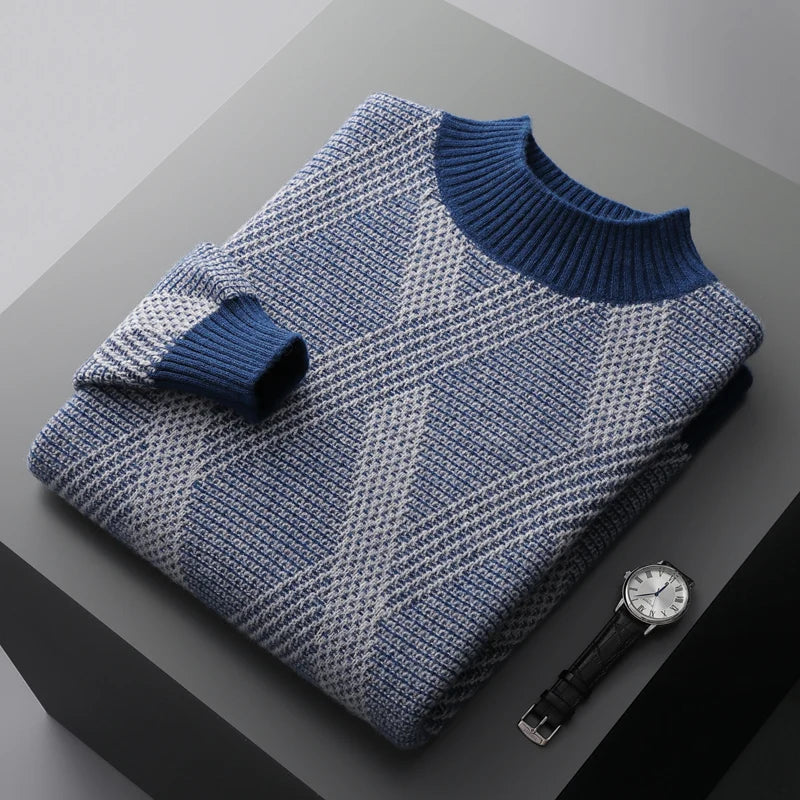 100% wool men's semi-high collar seats with jacquard stripes for business and leisure double-stranded thick sweater knitted coat