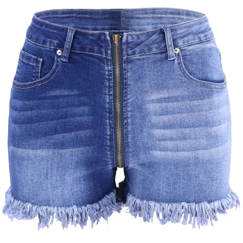 Fashion Front Zipper Open Crotch Denim Shorts Women Casual High Waist Color Contrast Patchwork Female Tassel Three Quarter Pants