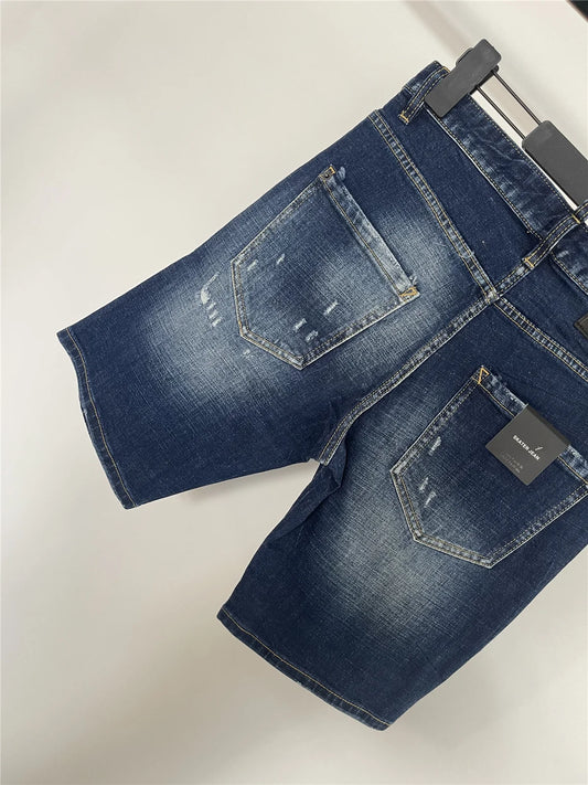 Spring and Summer New Jeans Trendy Men's Washed Letter Printed Slim-fit Micro-elastic Casual Denim Shorts