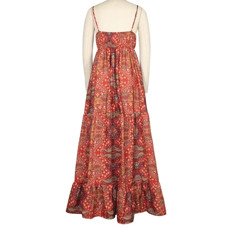 Vintage Printed Bohemian Women V-Neck Party Long Dresses Beach Elegant Sleeveless Spaghetti Strap Sexy Maxi Sundress