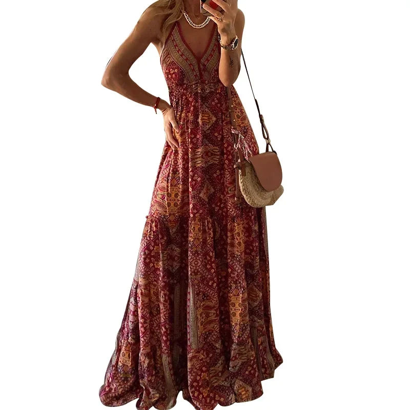 Vintage Printed Bohemian Women V-Neck Party Long Dresses Beach Elegant Sleeveless Spaghetti Strap Sexy Maxi Sundress