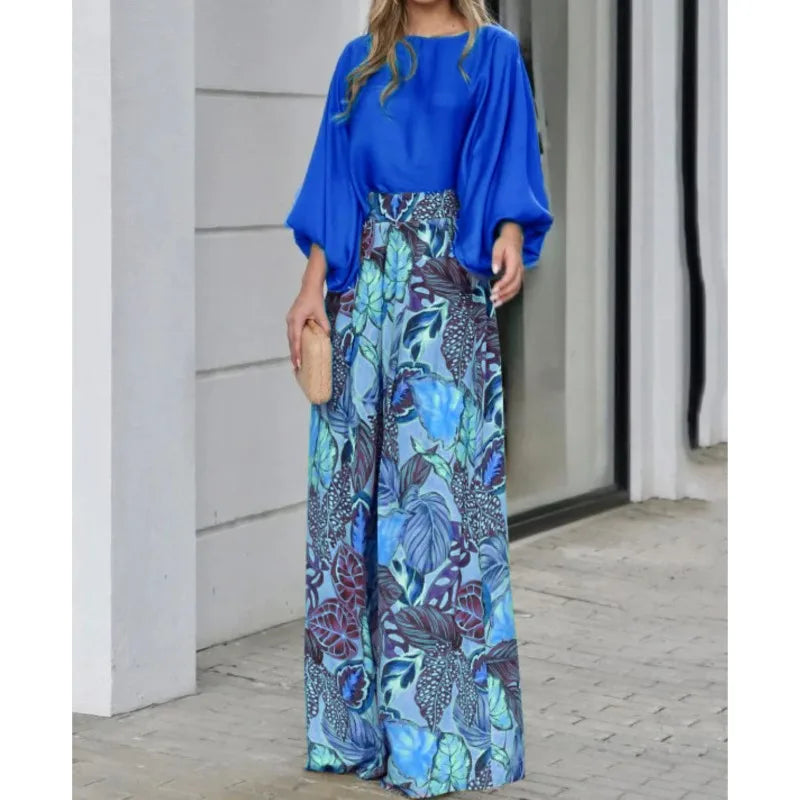 Women's Clothing Set Lantern Sleeves Loose Top Printed Wide Leg Pants Two Piece Set