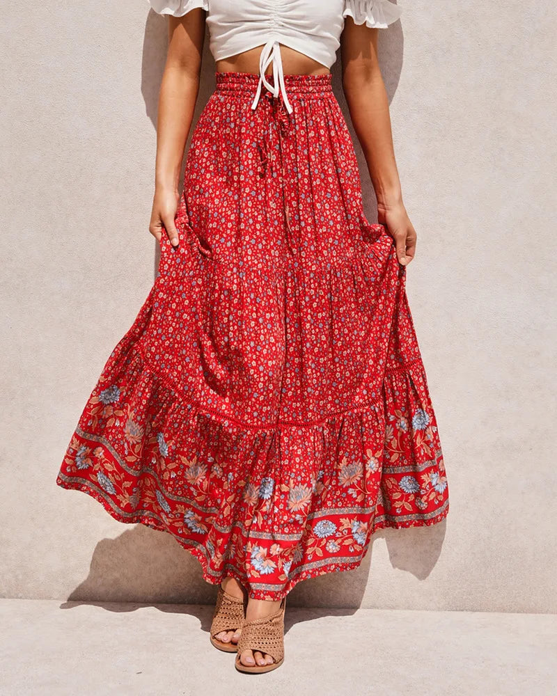 Vintage Floral Print Beach Boho Pleated Skirt For Women 2025 Summer Fashion Cotton High-waisted Maxi Skirts Femme Beach Skirt