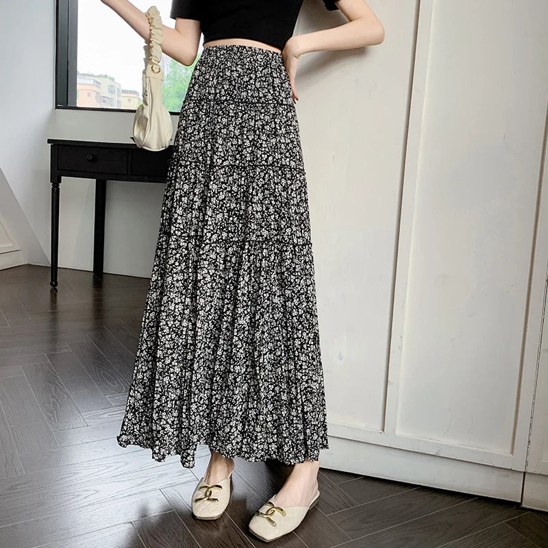 Korean Fashion Women Boho Floral Print Elastic High Waist Pleated A Line Maxi Skirts Summer Holiday Black Apricot Skirts Female