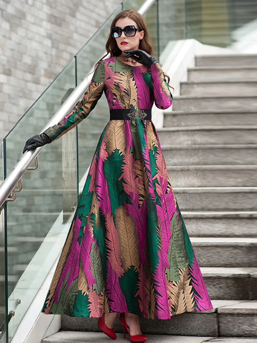 DEVCHATA Women Long Sleeve Maxi Jacquard Dress Floral New Autumn Winter Woman Clothing Elegant Leaf Party Dress for Women