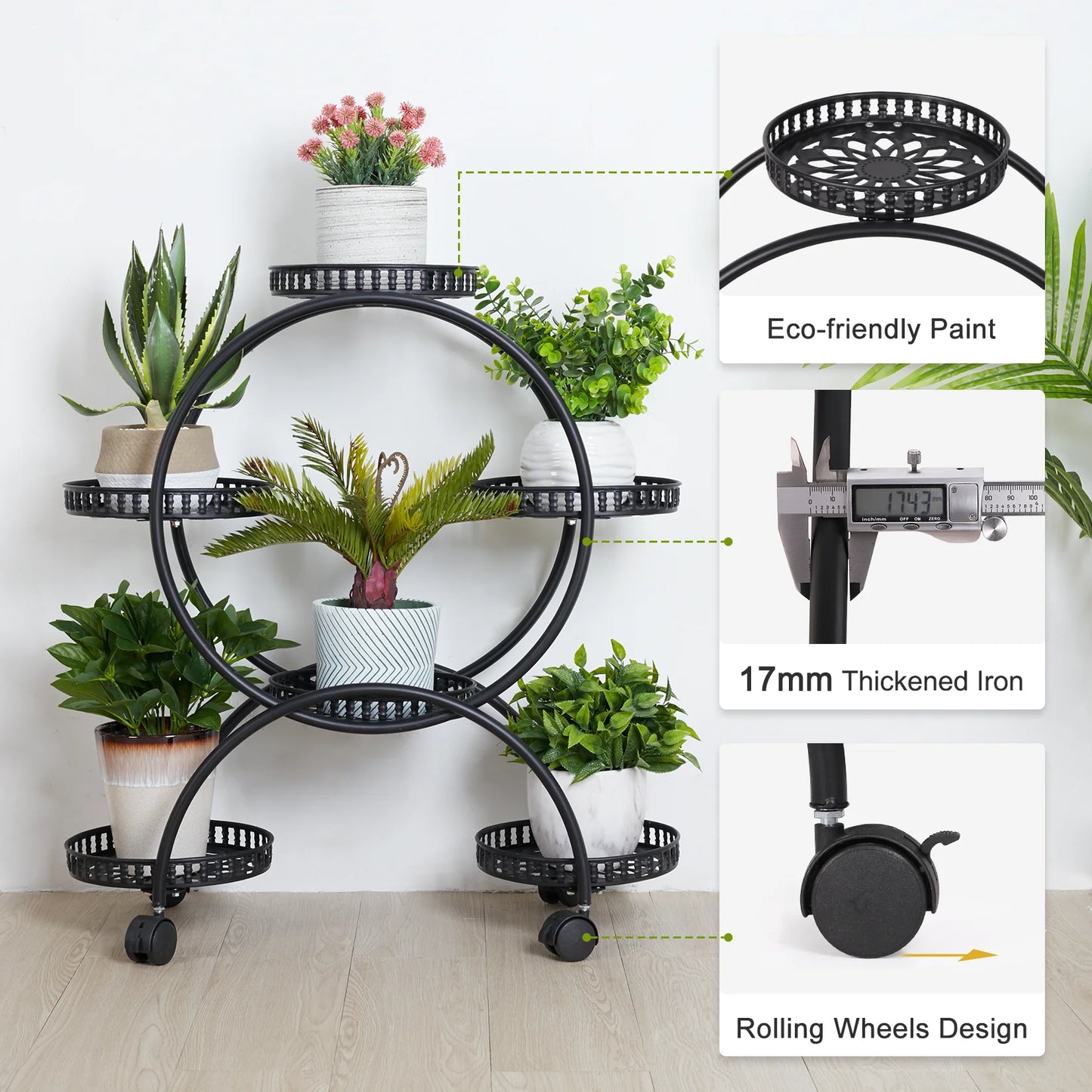 unho 6 Potted Metal Plant Stand Garden Cart Wrought Iron Flower Pots Rack Holder Display Shelf with Wheels for Patio Porch