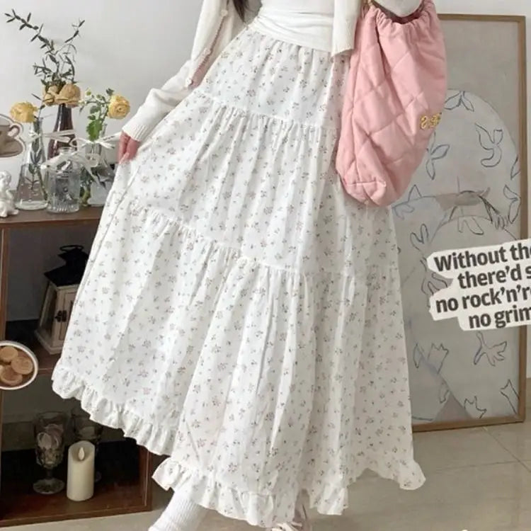 Floral A-Line Skirt for Women Summer 2024 Mid-Calf Length High Waisted Skirt Korean Streetwear Y2k Harajuku Skirt