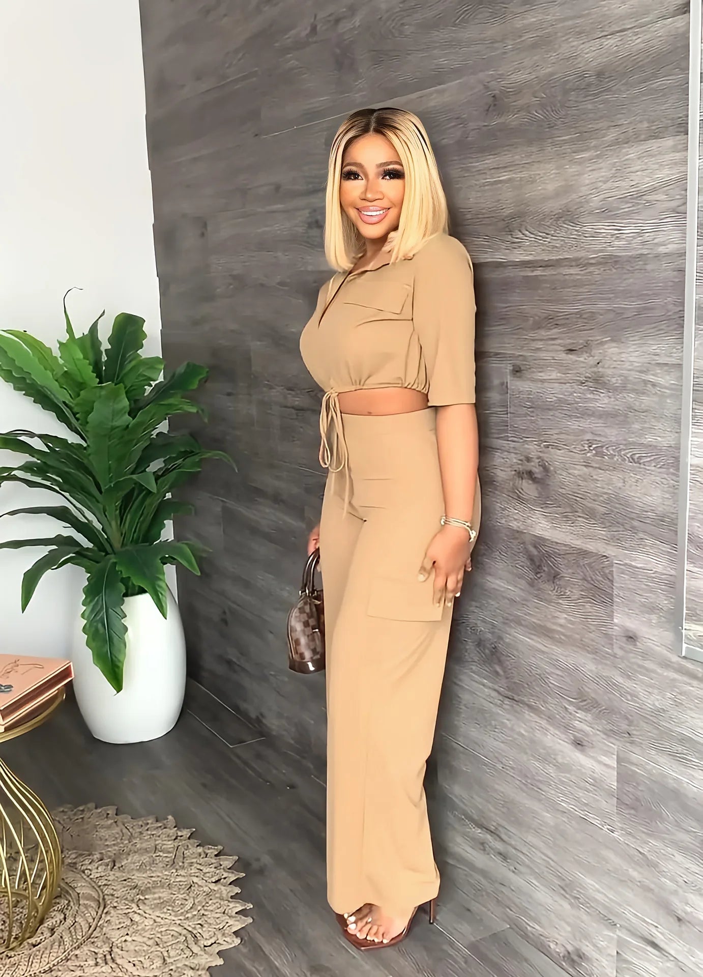 Elegant Office Women Two Piece Short Shirt + Wide Leg Trousers Set