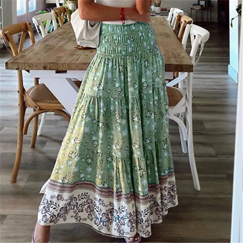 Boho Casual Print Maxi Skirt Women Summer Fashion Sexy High Waist Skirts Womens 2024 Pink Beach Floral A-line Long Skirts Femme