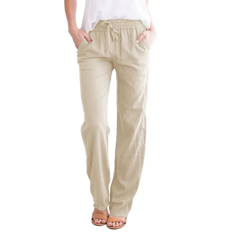 Women's Summer Cotton Hemp Drawstring Loose Relaxed Wide Leg Pants Trouser