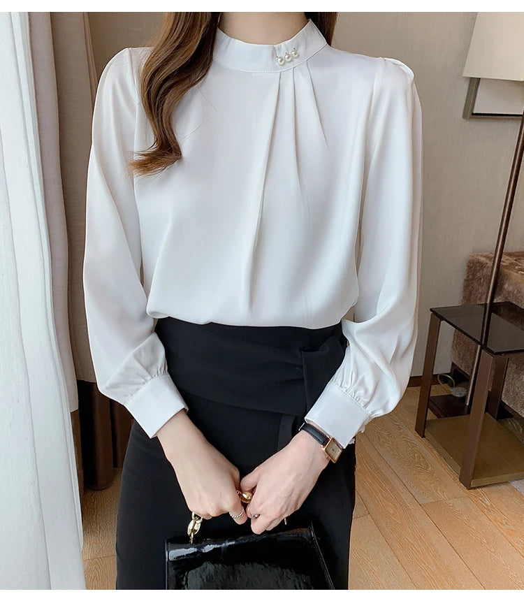 Spring Autumn Satin Women's Blouses 2025 New Long Sleeve Beading Solid Stand Collar Workwear Office Lady Elegant Shirt Female