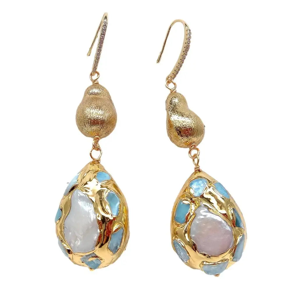 YYGEM natural Blue larimar Pave Cultured White Pearl Teardrop Shape Brushed Bead Dangle Hook Earrings