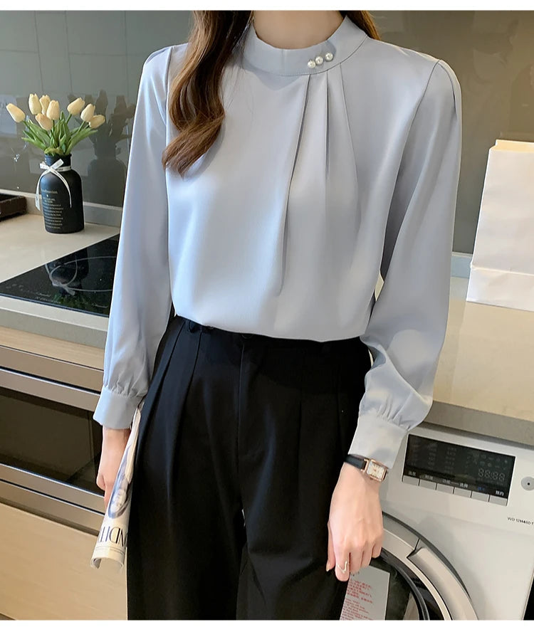 Spring Autumn Satin Women's Blouses 2025 New Long Sleeve Beading Solid Stand Collar Workwear Office Lady Elegant Shirt Female