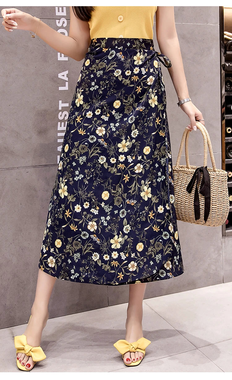 High Waist Long Skirt Wrap Dress Asymmetrical Hem Chiffon Floral Print Belted Midi Skirt for Short Women Summer Dress