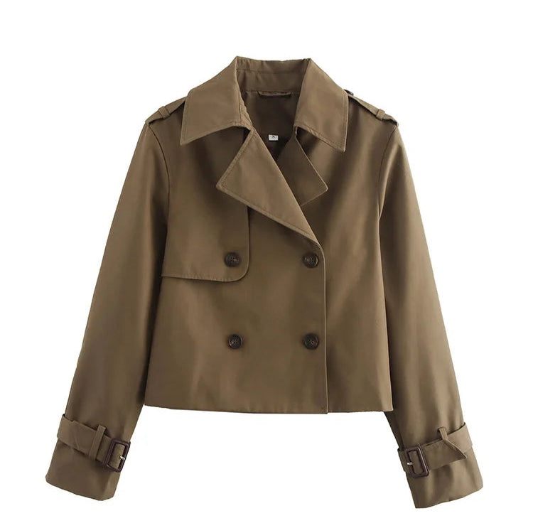 Women Vintage Casual Chic Solid Double Breasted Turn-down Collar Long Sleeve Short Coat Jackets