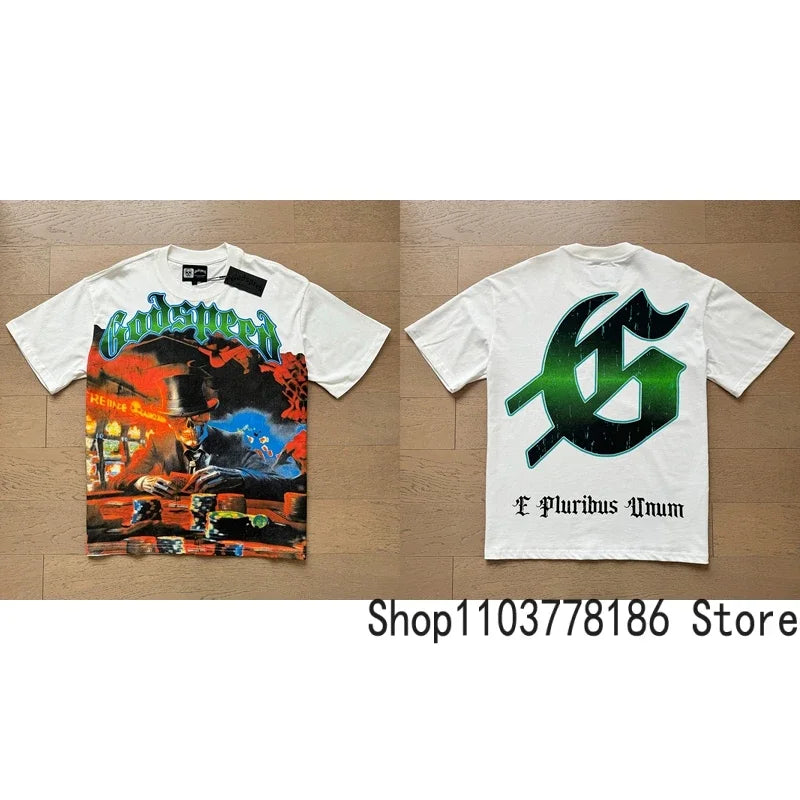 Classic White GOD SPEED T Shirts Letter Logo Seaside Holiday Scenery Print Godspeed Short Sleeve Unisex Tees Tops
