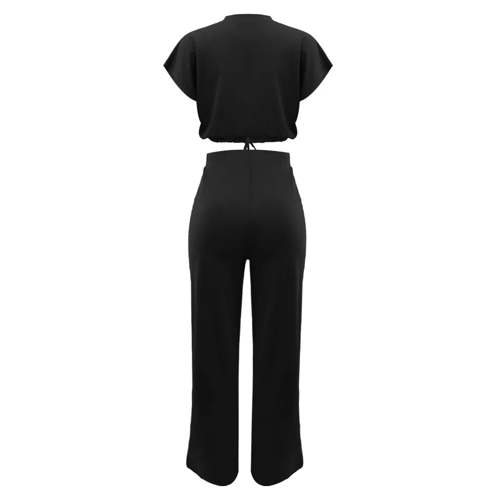 Women Short Sleeve Top & High Waist Pants Set