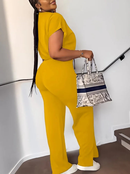 Women Short Sleeve Top & High Waist Pants Set