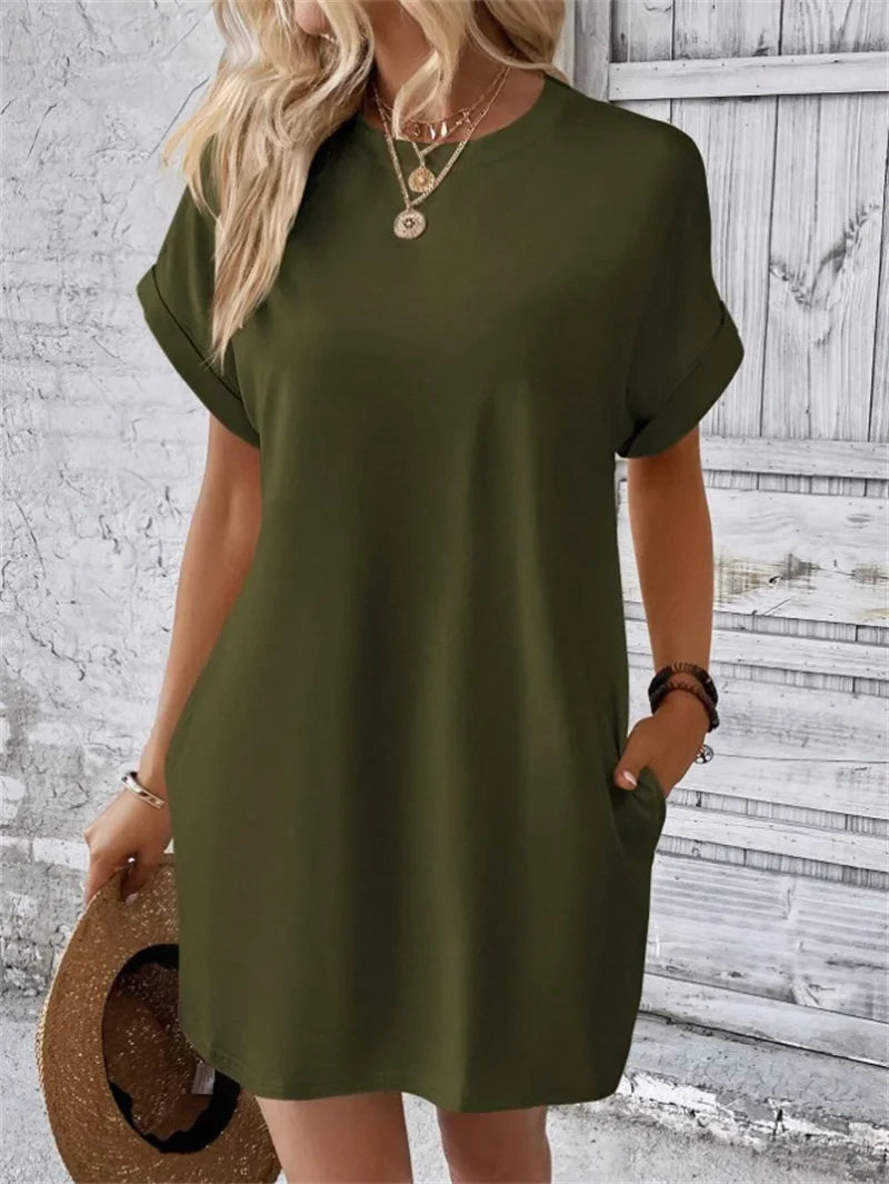 Fashion Solid Color Side Pocket Dresses Women Korean O Neck Pullover Dress Summer Female Comfortable Commuter Casual Short Gown