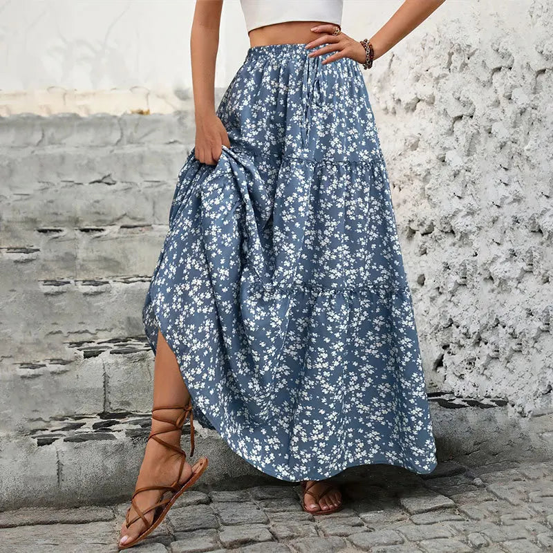 2025 Women's Small Floral Belt Three layer Splicing Long Half length Skirt Spring/Summer High end Women's Skirt A-line Skirt