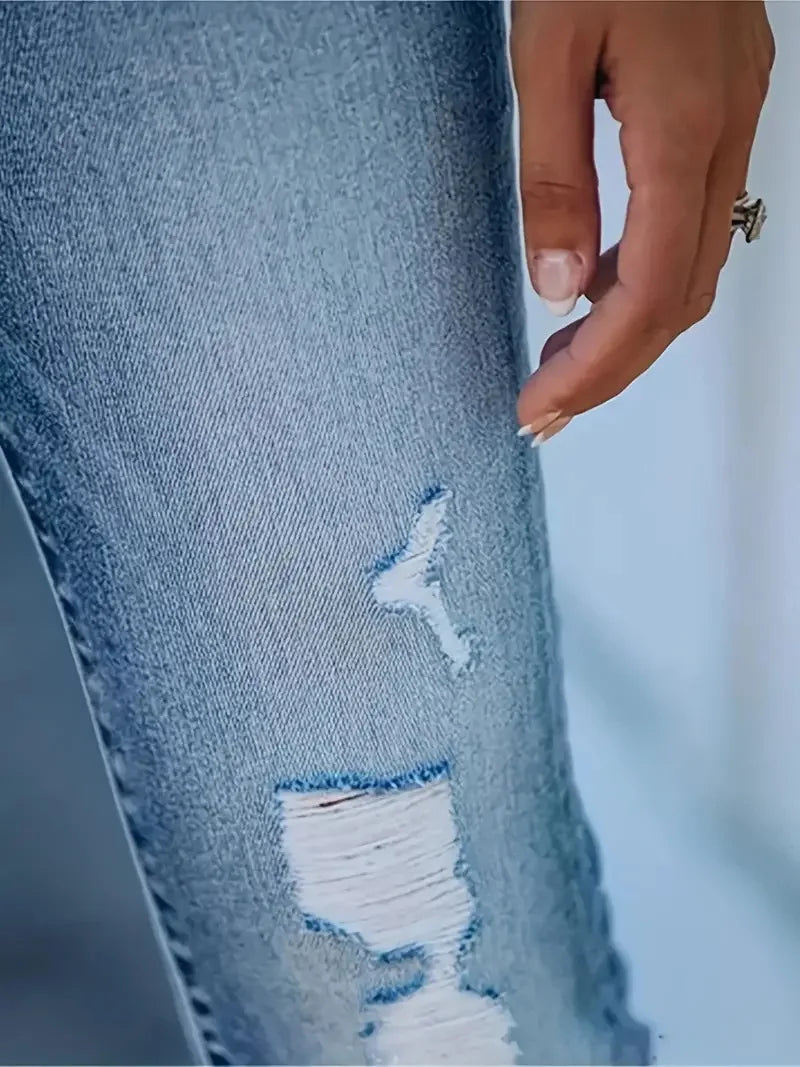 women's jeans light blue micro elastic straight cropped tight ripped jeans pants