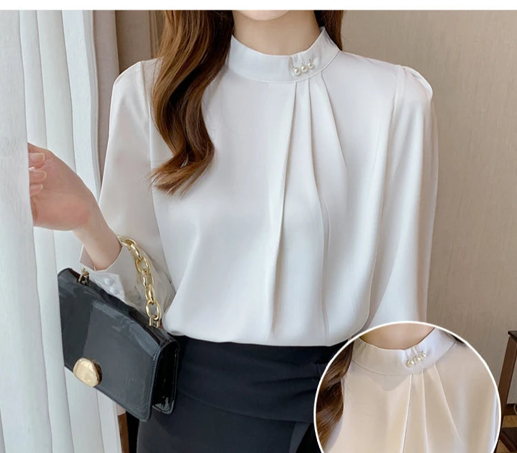 Spring Autumn Satin Women's Blouses 2025 New Long Sleeve Beading Solid Stand Collar Workwear Office Lady Elegant Shirt Female