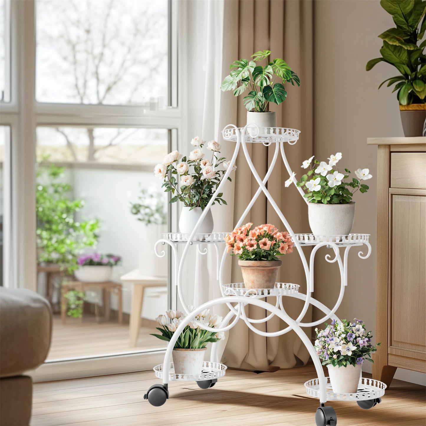 6 Potted Metal Plant Stand Garden Cart with Wheel for Living Room Balcony Garden Flower Pot Plant Holder Display Rack