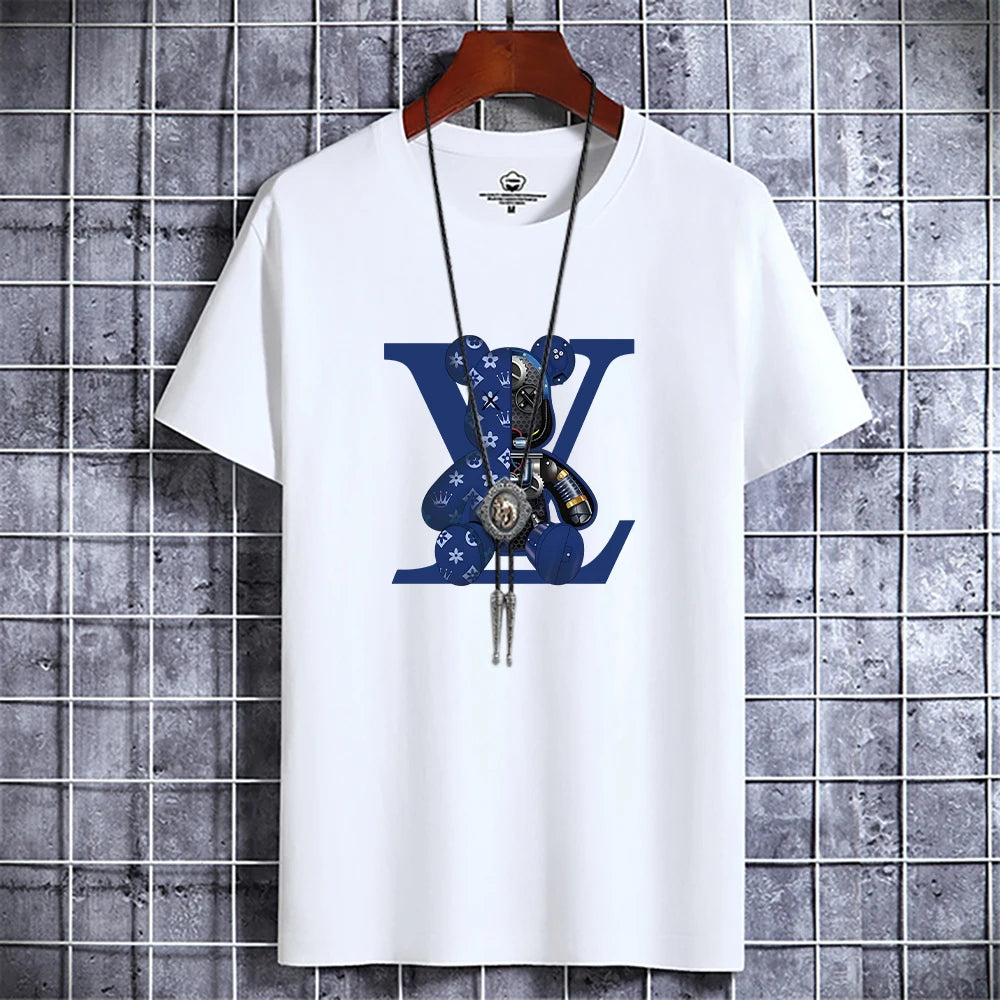 Summer Men's Luxury Casual T-Shirt Retro Y2k Designer Short Sleeve Tees Male Vintage Cotton Trendy High Quality Bear Print Tops