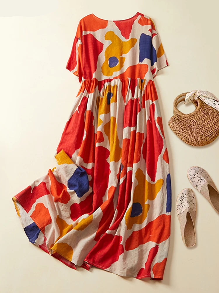 Plus Size Boho Beach Floral Cotton Summer Dress for Women
