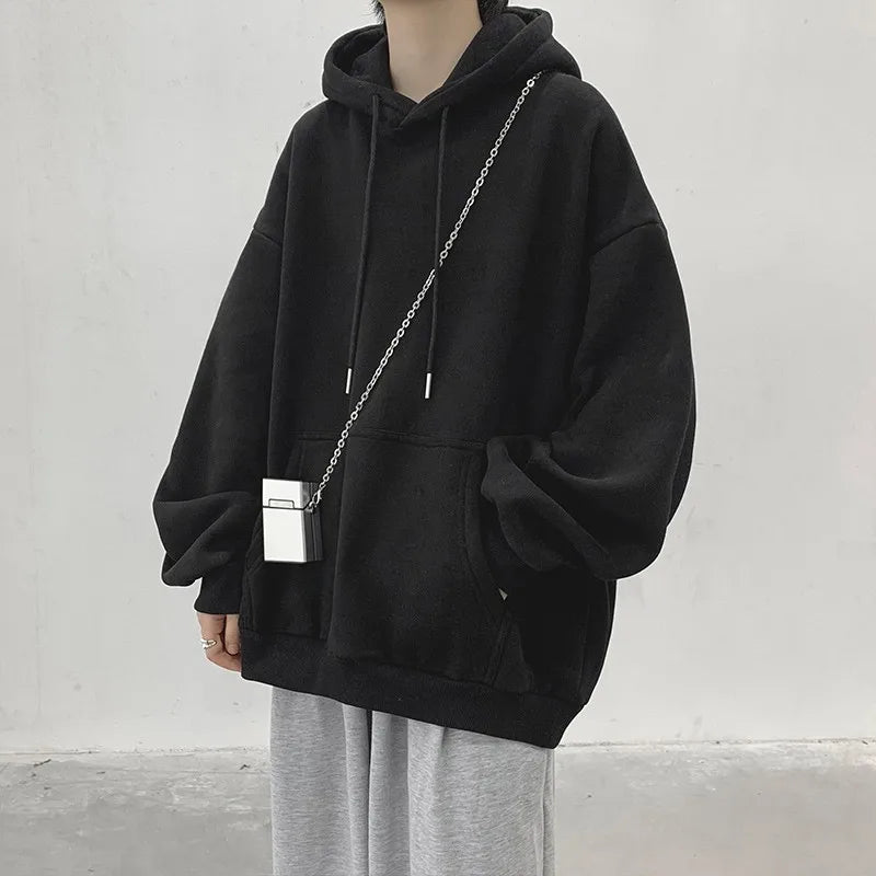 Dark Grey Hoodie Men Sweatshirt Autumn Winter Clothes Pure Color Y2k Pullover Top Boy Version Trend Loose Fleece Coat Oversized