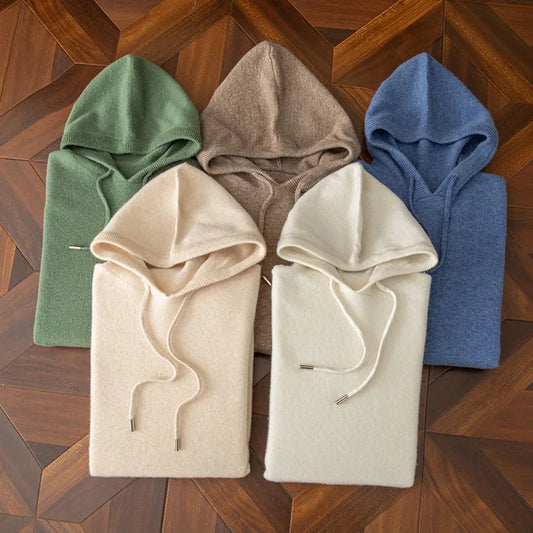 Winter 100% pure cashmere hoodie men's pullover double layer thick heavy wool sweater hooded cashmere sweater casual hat sweater