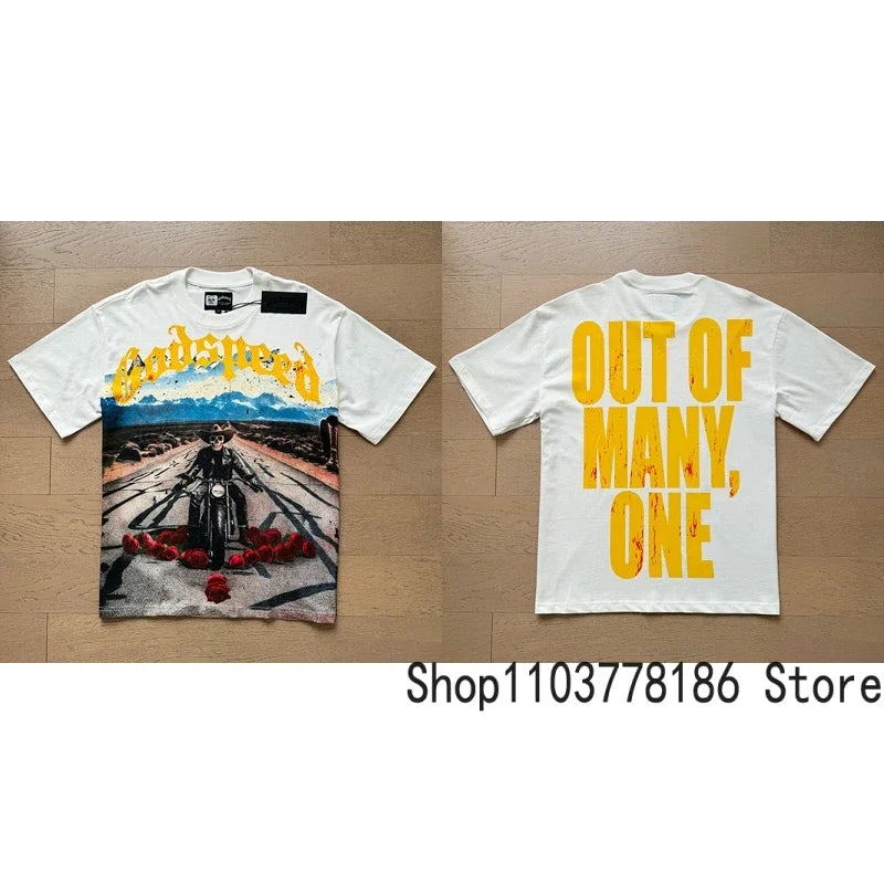 Classic White GOD SPEED T Shirts Letter Logo Seaside Holiday Scenery Print Godspeed Short Sleeve Unisex Tees Tops