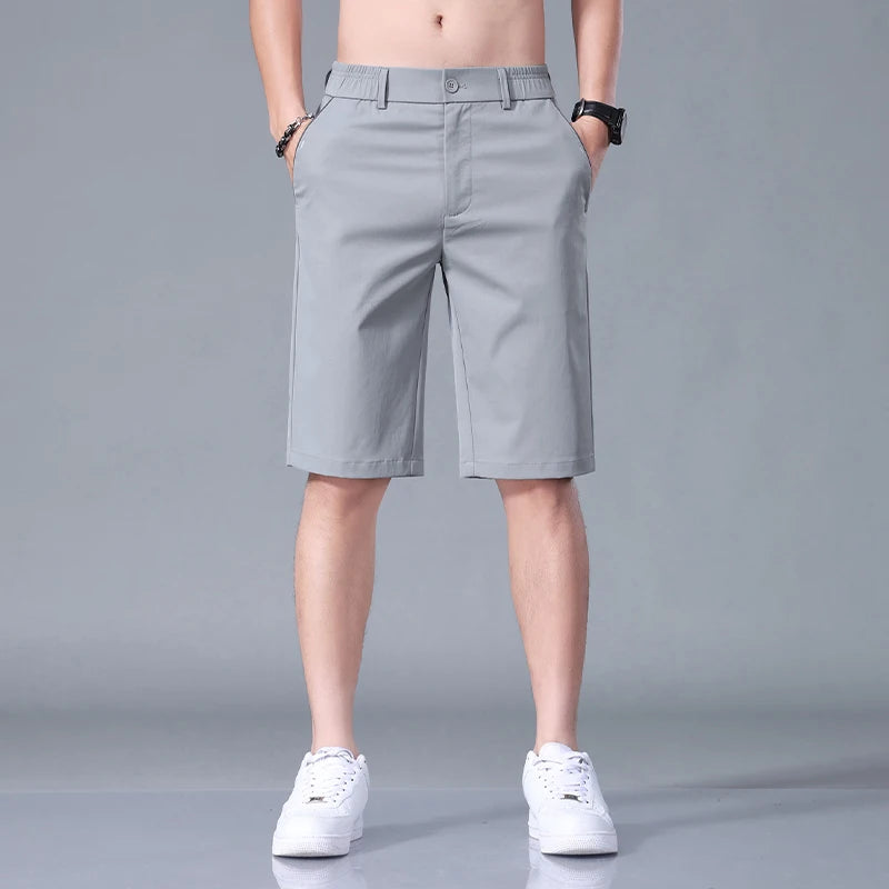 Summer Thin Men's Casual Shorts Solid Color Stretch Straight Fashion Short Casual Pants Male Ice Silk Cool Soft Midi Shorts