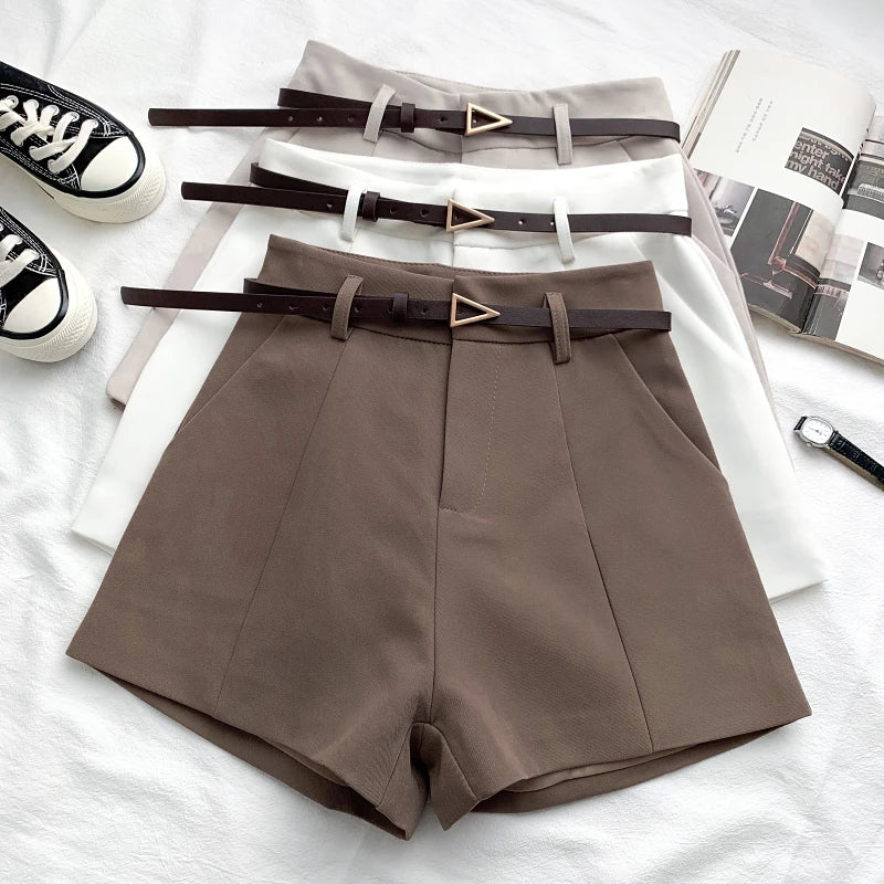Women's Casual A-line High Waist Office Shorts With Belted
